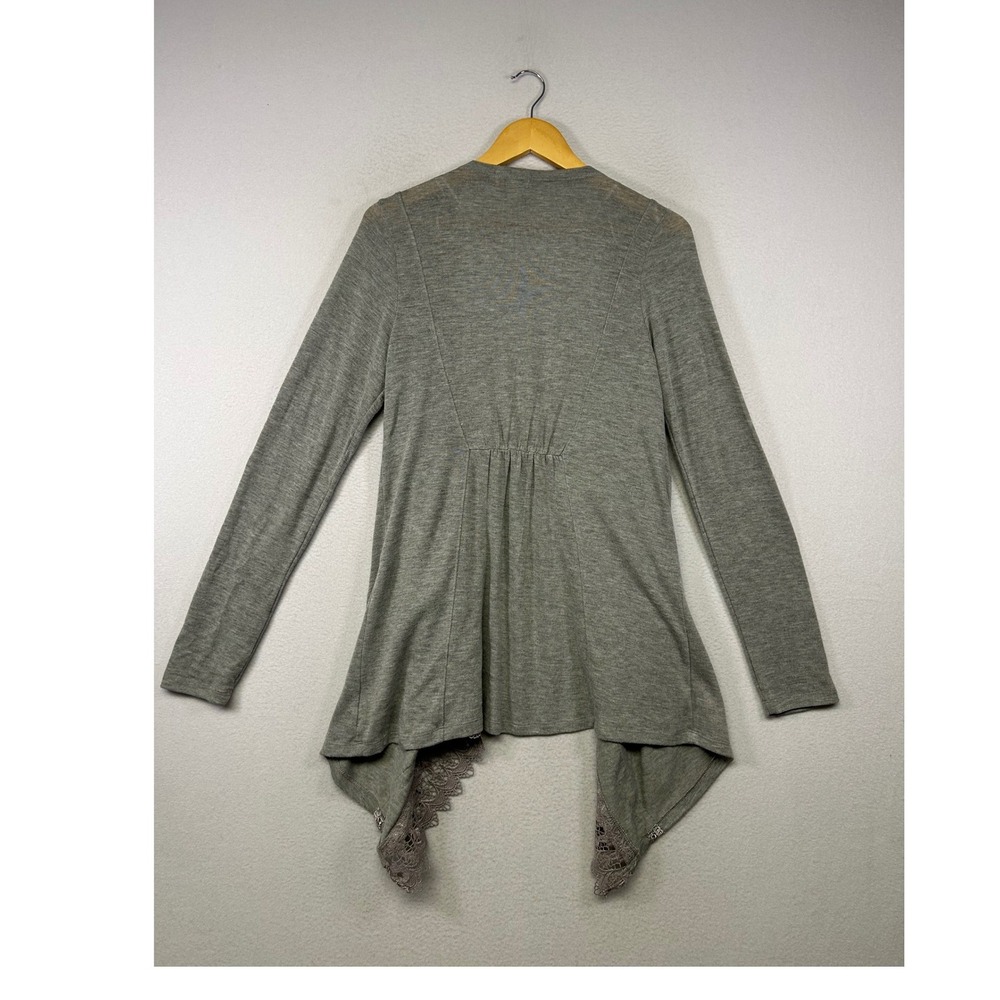 Boho One World Womens Med Gray Lace Trim Open Front Waterfall Cardigan Sweater - Picture 2 of 12